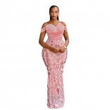 Pink Strapless Sequins V Neck Elegant Women Formal Birthday Party Dress