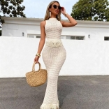 White Sleeveless Two Pieces Knit Hollow Out Tassels Women Casual Skirt Sets Dress
