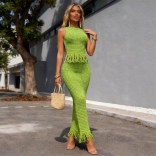 Green Sleeveless Two Pieces Knit Hollow Out Tassels Women Casual Skirt Sets Dress