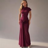 Claret Folds Elegant Women Evening Party Lace Up Pleated Formal Dress