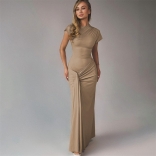 Khaki Folds Elegant Women Evening Party Lace Up Pleated Formal Dress