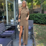 Khaki O Neck Irregular Folds Bodycon Women Party Dress