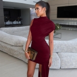 Red O Neck Irregular Folds Bodycon Women Party Dress