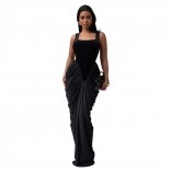 Black Straps Square Neck Pleated Women Sexy Party Dress