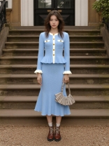 Blue Long Sleeve Knit Single Breasted Two Pieces Bodycon Elegant Skirt Dress Sets