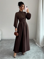 Brown Long Sleeve Single Breasted Lace Up Pleated Club Maxi Dress