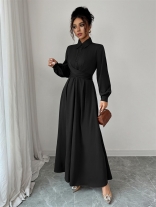 Black Long Sleeve Single Breasted Lace Up Pleated Club Maxi Dress