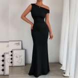 Black Oblique Shoulder Pleated Women Prom Fishtail Party Clubwear