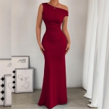 Wine Red Oblique Shoulder Pleated Women Prom Fishtail Party Clubwear