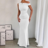 White Oblique Shoulder Pleated Women Prom Fishtail Party Clubwear