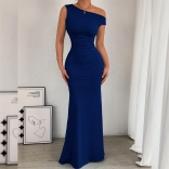 Blue Oblique Shoulder Pleated Women Prom Fishtail Party Clubwear