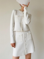 White Long Sleeve Two Pieces Pearl Crewneck Knit Cardigan with A-Line Elegant Mini Dress