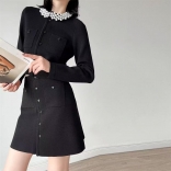 Black Long Sleeve Two Pieces Pearl Crewneck Knit Cardigan with A-Line Elegant Mini Dress