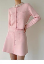 Pink Long Sleeve Two Pieces Pearl Crewneck Knit Cardigan with A-Line Elegant Mini Dress