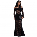 Black Off Shoulder Lace Hollow Out Luxury Evening Formal Long Dress