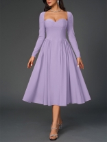 Purple Square Neck Long Sleeve Backless Lace Up Pleated Luxury Midi Dress