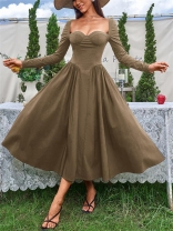 Green Square Neck Long Sleeve Backless Lace Up Pleated Luxury Midi Dress