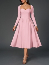 Pink Square Neck Long Sleeve Backless Lace Up Pleated Luxury Midi Dress