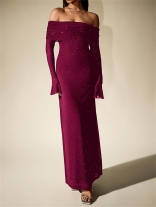 Dark Red Off Shoulder Mesh Sexy Sequins Elegant Fashion Maxi Dress