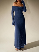 Blue Off Shoulder Mesh Sexy Sequins Elegant Fashion Maxi Dress