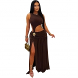 Brown Sleeveless Cut Out Solid Sexy Women Party Clubwear Dress