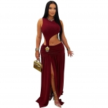 Red Sleeveless Cut Out Solid Sexy Women Party Clubwear Dress