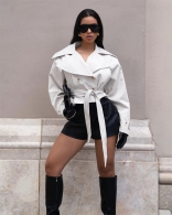 White Long Sleeve Double Breasted Lace Up Fashion Jacket