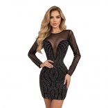 Black Long Sleeve Mesh Rhinestones Party Sexy Bodycon Clubwear