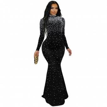 Black Long Sleeve Diamonds Luxury Evening Formal Long Dress