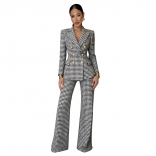 Black Long Sleeve Two Pieces Plaid Printed Fashion Casual Pant Suit Dress