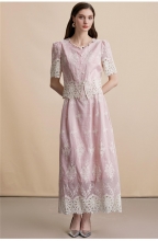 Pink Short Sleeve Lace Embroidered Two Pieces Elegant Women Skirt Sets