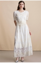 Apricot Short Sleeve Lace Embroidered Two Pieces Elegant Women Skirt Sets