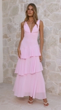 Pink Deep V Neck Straps Ruffles Pleated Holiday Maxi Dress