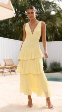 Yellow Deep V Neck Straps Ruffles Pleated Holiday Maxi Dress