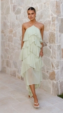 Green Off Shoulder Halter Neck Mesh Ruffles Women Summer Fashion Long Dress