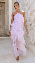 Purple Off Shoulder Halter Neck Mesh Ruffles Women Summer Fashion Long Dress