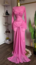 Pink O Neck Mesh Bow-Knot Luxury Women Formal Evening Maxi Dress