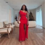 Red Off Shoulder One Sleeve Mesh Pleated Luxury Evening Maxi Dress