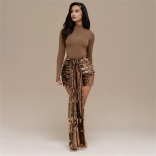 Brown Long Sleeve Bodycon Tops Sequins Pleated Mini Dress Sets