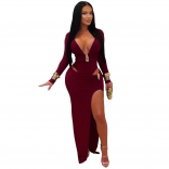 Red Long Sleeve Cut Out Metal Button Bodycon Evening Prom Long Dress