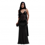 Black Straps  V Neck Sequins Mesh See Through Evening Birthday Party Long Dress