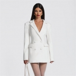 White Long Sleeve V Neck Button Elegant Suits Mini Dress