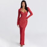 Red Two Pieces Off Shoulder Lace Low Cut Sexy Bodycon Evening Long Dress