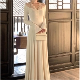 Apricot Long Sleeve Striped Lace V Neck Fashion Casual Luxury Maxi Dress