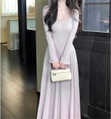 Light Purple Long Sleeve Striped Lace V Neck Fashion Casual Luxury Maxi Dress