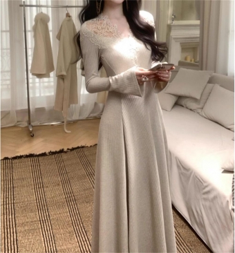 Light Gray Long Sleeve Striped Lace V Neck Fashion Casual Luxury Maxi Dress