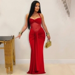 Red Halter Low Cut Mesh See Through Pleated Bodycon Formal Dress