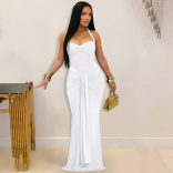 White Halter Low Cut Mesh See Through Pleated Bodycon Formal Dress