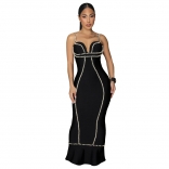 Black Halter V Neck Pearls Luxury Women Evening Formal Maix Dress