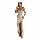 Beige Off Shoulder Sequins Bodycon Slit Luxury Long Dress